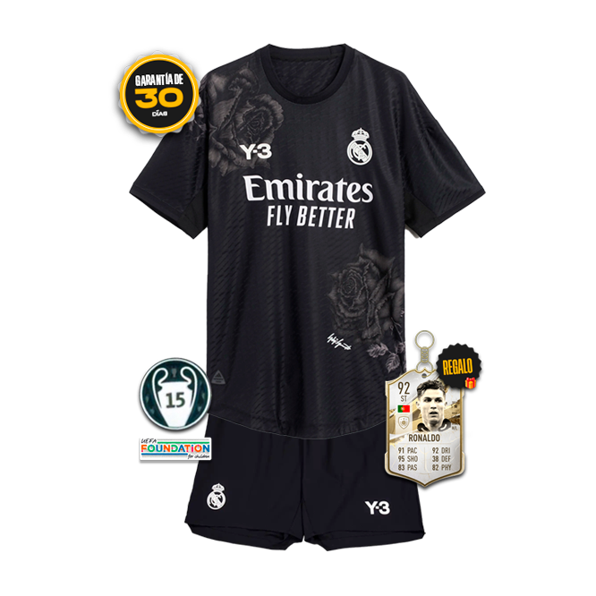 Conjunto NiƱos Real Madrid Y3 NEGRO 23/24 + 5 REGALOS š