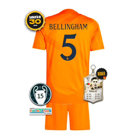 Conjunto Niños Real Madrid Segunda Equipación Naranja #5 BELLINGHAM 2024/25 + 5 REGALOS 🎁