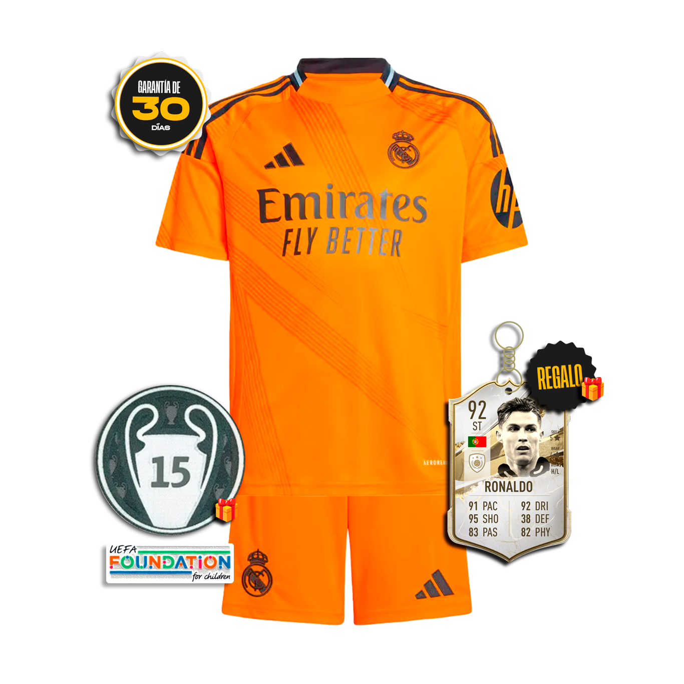 Conjunto Niños Real Madrid Segunda Equipación Naranja #9 MBAPPÉ 2024/25 + 5 REGALOS 🎁