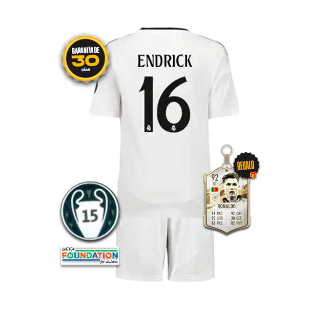 Conjunto Niños Real Madrid Primera Equipacíon Blanca #16 ENDRICK 2024/25 + 5 REGALOS 🎁