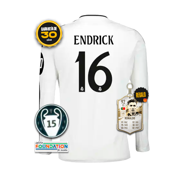 Camiseta Real Madrid Primera Equipación Blanca #16 ENDRICK 24/25 MANGA LARGA + 5 REGALOS 🎁